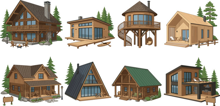 Modern wooden cabin vector set with A-frame houses log cottages and luxury forest retreats for mountain vacation living