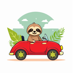 Naklejka premium Cute Sloth Driving a Red Convertible Car