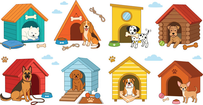 Adorable dog breeds with colorful wooden houses vector set including puppies bones toys and pet accessories flat illustration