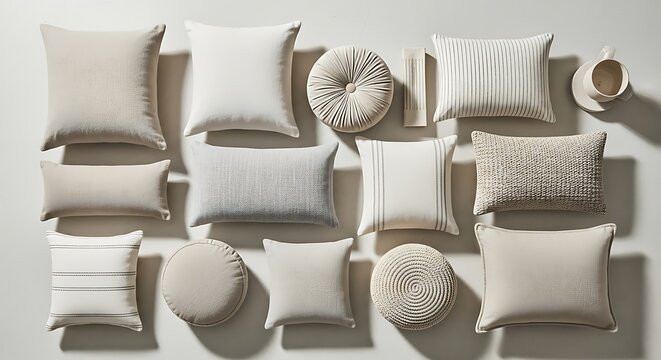 A collection of assorted beige and neutral decorative almofada cushions arranged neatly on a light background for modern interior design home decor styling