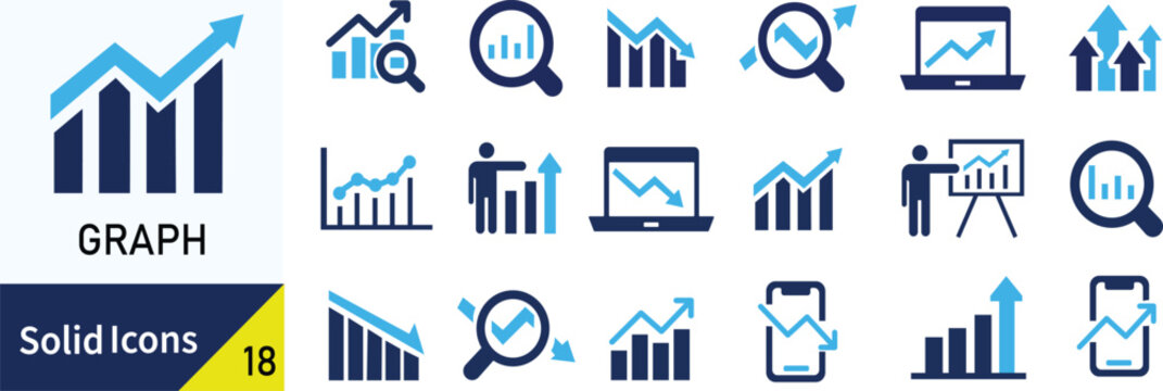 Business graph solid icons set, 18 blue and navy data visualization symbols, financial growth and market analysis vector elements for reports
