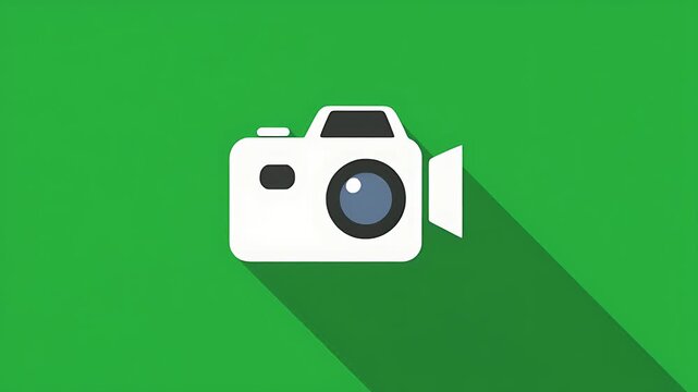 Camera Icon with Long Shadow on Green Background.