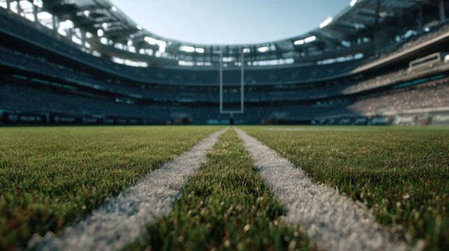 A bright football field with green turf and clear white markings under natural light, featuring a blurred stadium backdrop.