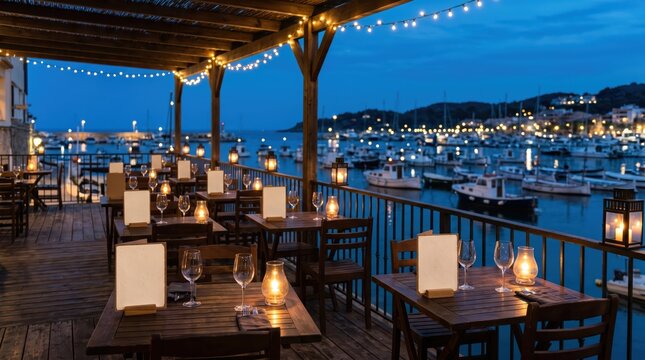 Covered restaurant terrace with lit tables overlooking marina