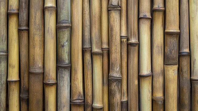 Close-up of a wall made of vertical bamboo stalks, showing variations in color and texture.