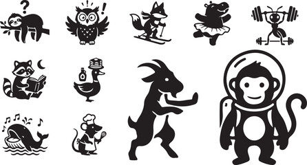 Fototapeta premium Cute animal icon set featuring black and white minimalist illustrations.