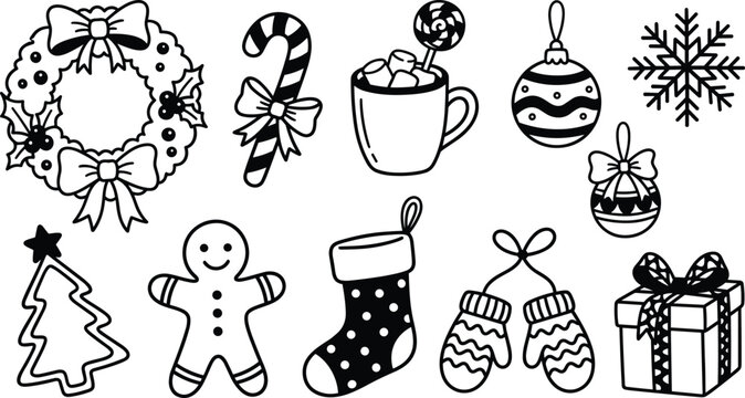 Christmas holiday doodle element set vector illustration with wreath gingerbread man candy cane stocking and gift box line art