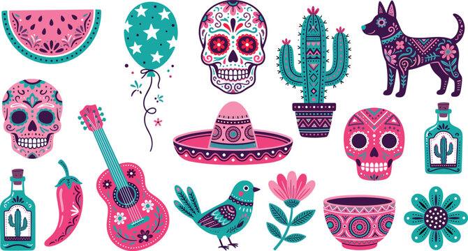 Cinco de Mayo Mexican element set vector illustration with sugar skulls guitar sombrero cactus and traditional folk art patterns