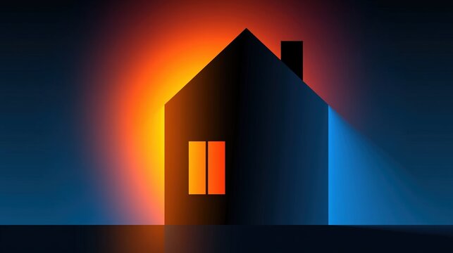 Minimalist house silhouette with warm sunlight and cool blue shade panels