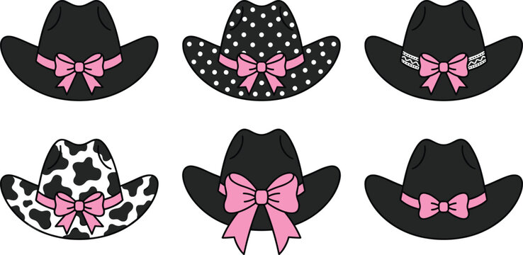 Black cowgirl hats vector illustration set with pink bows polka dots and cow print patterns isolated on white background