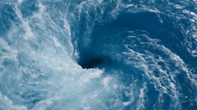 Powerful ocean currents create swirling vortexes and turbulent white water in deep blue sea