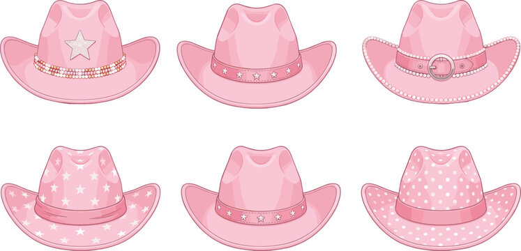 Pink cowboy hats vector illustration set with glitter stars rhinestones and cowgirl fashion elements isolated on white background