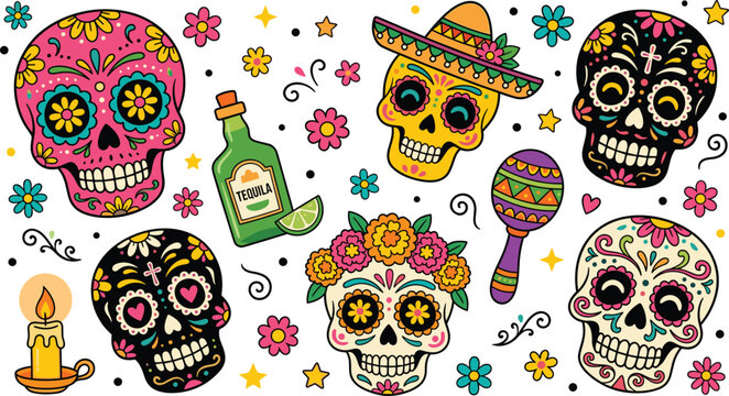 Day of the Dead sugar skulls vector illustration set with tequila maraca candle sombrero and flowers isolated on white background