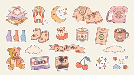 Sleepover aesthetic sticker set with 20 vector icons, retro pajama party elements in pastel colors, cozy night in collection for planners and scrapbooking