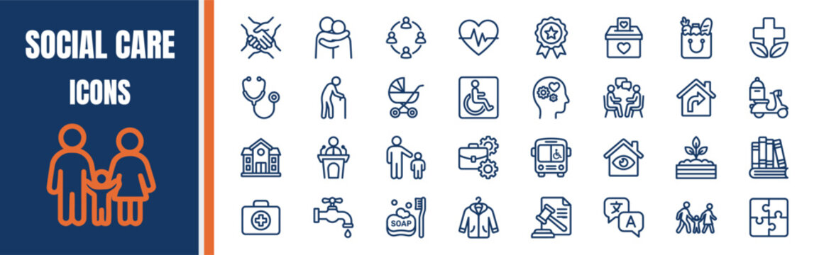 Social care icons line style featuring disability education and public service.
