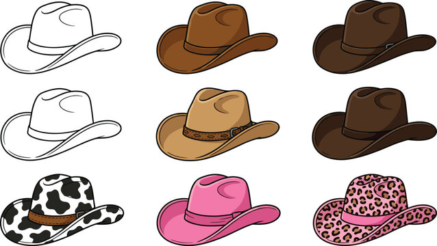 Cowboy hats vector illustration set with brown tan pink cow print and leopard print western headwear on white background