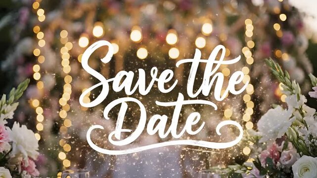 Elegant Save the Date wedding announcement with floral decorations and bokeh lights.