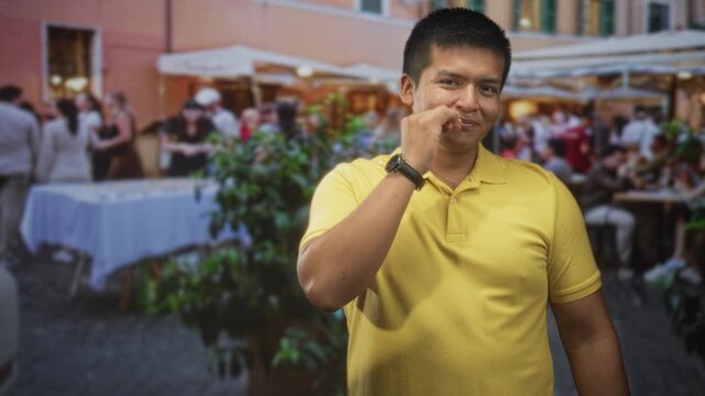 Man in yellow polo touching his chin with right hand and wearing wristwatch in a busy street cafe with outdoor tables and patrons; thoughtful.