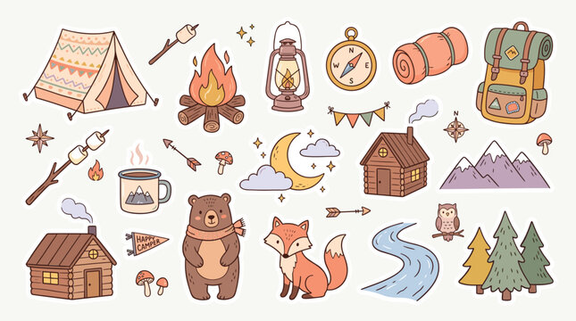 Retro camping vector illustration set, vintage outdoor adventure icons with forest animals and hiking gear, hand drawn woodland nature elements