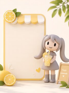 Cute pastel 3D character with lemonade drink and blank summer menu board mockup