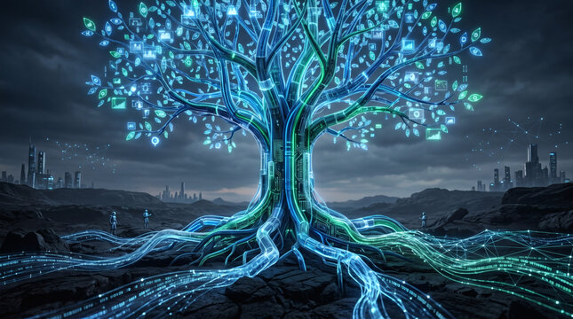 Futuristic Digital Tree Data Network and Sustainable Technology Concept