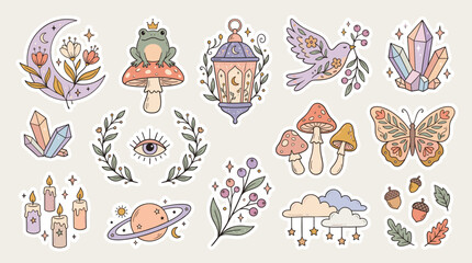 Mystical celestial sticker set, bohemian magic icons with frog on mushroom and crystals, pastel esoteric vector elements for planners © DesignAura