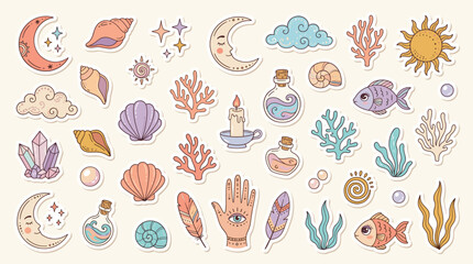 Mystical celestial sticker set with ocean elements, magic aesthetic icons in pastel colors, bohemian sea life and astrology vector collection © DesignAura