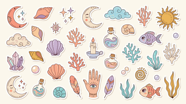 Mystical celestial sticker set with ocean elements, magic aesthetic icons in pastel colors, bohemian sea life and astrology vector collection