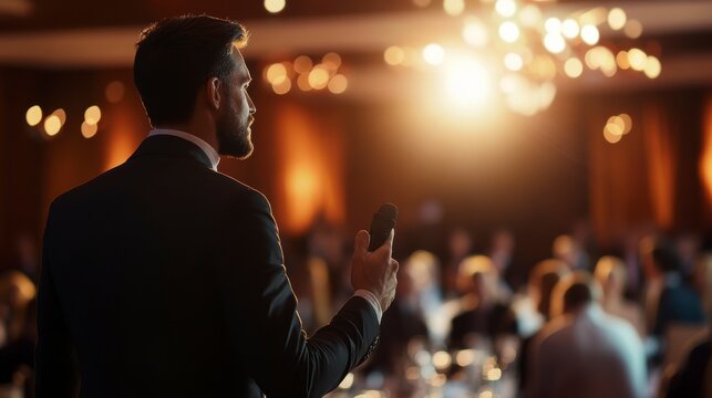 Man in suit giving a speech at a formal event, addressing a large audience.