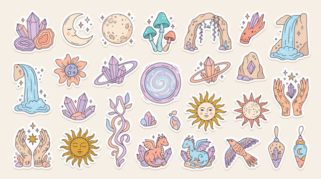 Mystical celestial sticker set with 25 magic icons, bohemian spiritual vector elements, pastel aesthetic crystals and celestial sun moon symbols