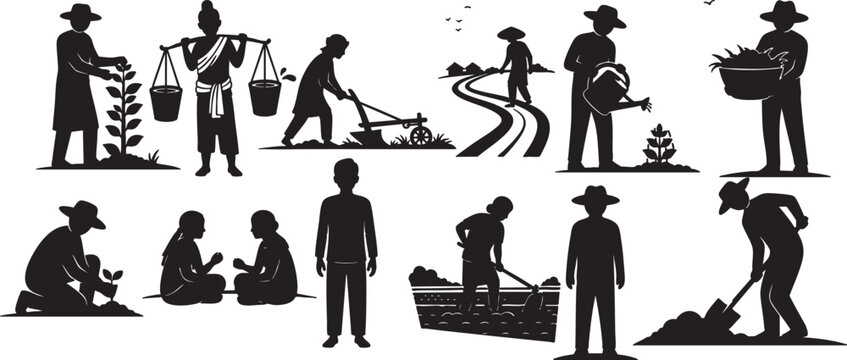 Rural farmers working in field planting crops and harvesting with natural background and farming equipment.