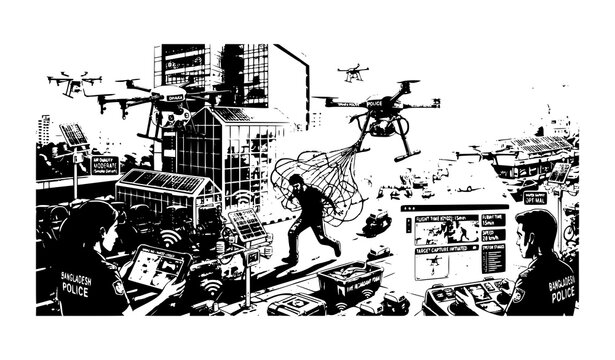 High-Tech Police Drone Capturing a Criminal on a Modern City Street with Net Deployment and Surveillance System, Grayscale Vector Illustration.