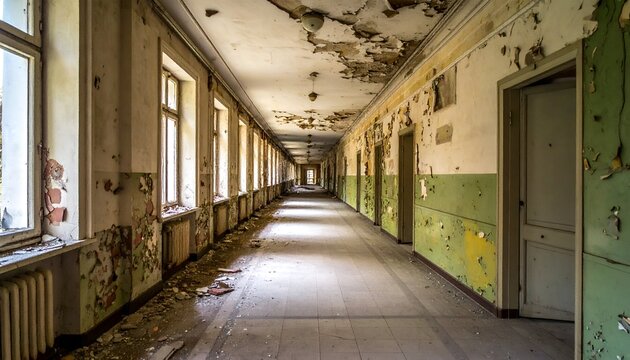Long, decaying corridor with peeling paint and sunlit windows, desolate