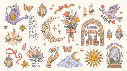 Celestial Blooms and Dream Portal mystical vector set, whimsical aesthetic stickers with moon and sun, bohemian magic elements for scrapbooking © DesignAura