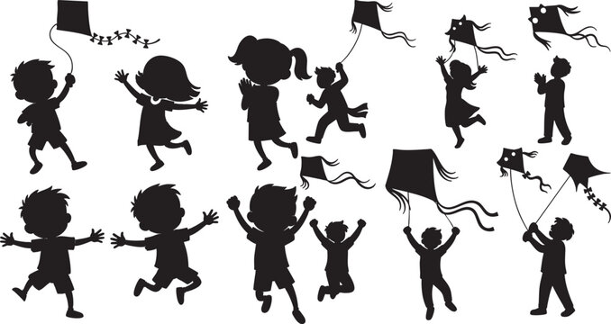 Happy children playing with kites on a windy day in park silhouette set.