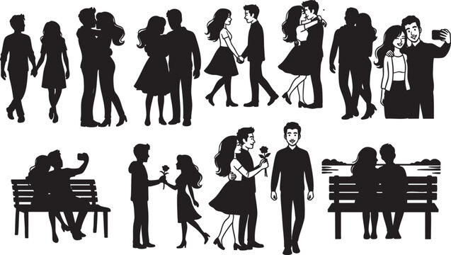 Couples silhouettes romance love holding hands hugging taking selfie on bench.