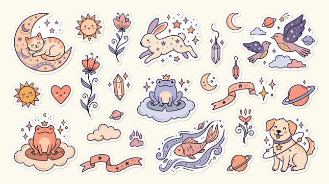 Celestial mystical sticker set with cute animals, whimsical hand drawn aesthetic icons, pastel celestial illustrations of cat moon and frog