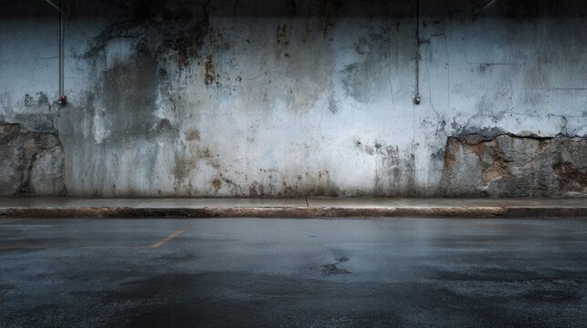 A gritty old urban scene with cracked walls, peeling paint, and stained asphalt, captured in moody soft light showing deep urban decay.