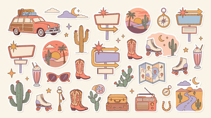 Retro road trip sticker set, vintage desert travel icons with woodie car and cowboy boots, 25 aesthetic western adventure vector elements © DesignAura