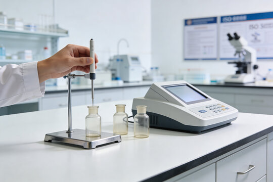Scientist performing titration experiment with automated equipment in a modern laboratory setting