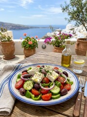 Naklejka premium Greek salad served on terrace table overlooking island sea view