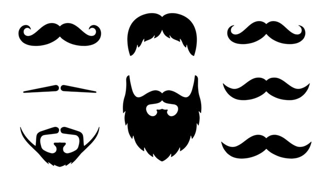 Black Silhouette Facial Hair Styles, Vector Icons Set: Mustaches, Beards, Goatees, Sideburns for Graphic Design and Illustration