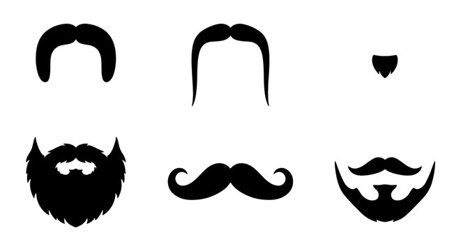 Black Silhouette Facial Hair Styles, Vector Icons Set: Mustaches, Beards, Goatees for Graphic Design and Character Creation