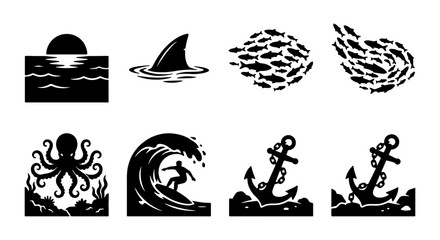 Oceanic Icons Set: Nautical Symbols, Marine Life, and Surfing Graphics for Maritime Themes, Vector Graphics © Sharif