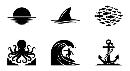 Nautical Icon Set: Ocean Sun, Shark Fin, Fish School, Octopus, Surfer, Anchor Vector Graphics for Marine Themes © Sharif