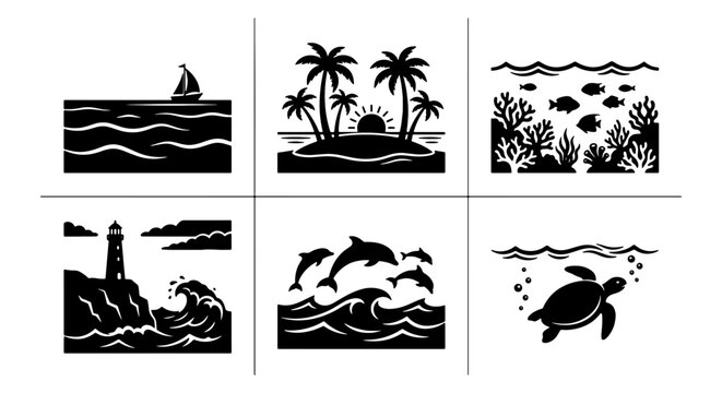 Nautical & Tropical Scenes Collection: Sailing, Island Paradise, Coral Reef, Lighthouse, Dolphins, Sea Turtle - Vector Graphics Set