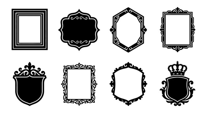 Ornate Vector Frames Collection, Decorative Black Emblems, Vintage Heraldic Borders, Elegant Crest Elements, Classic Monogram Shapes