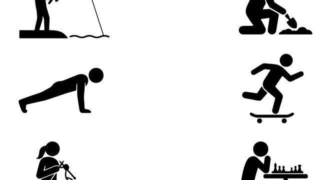 Stick Figure Activities Collection: Diverse Hobbies and Leisure Icons, Simple Black and White Vector Graphics for Lifestyle and Recreation Themes