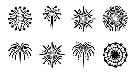 Explosion Fireworks Icons, Festive Celebration Pyrotechnics, Bursting Starburst Graphics, Set of 8 Vector Elements for Holiday Design © Mahmudur