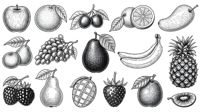 Hand Drawn Vintage Fruit Engraving Line Art Set Botanical Sketch Collection